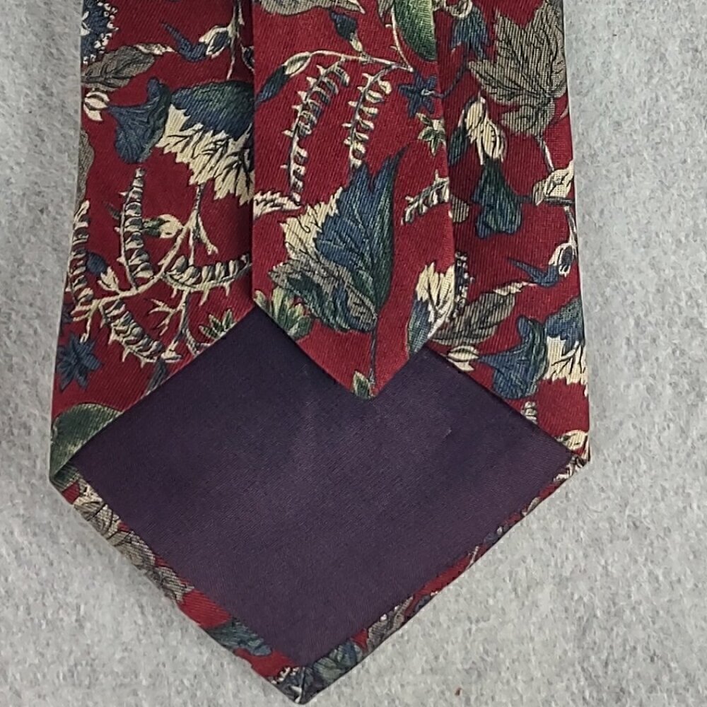 Domani Mens Burgundy, Blue, Gray Green, Flower Pattern 100% Italian Silk Necktie - Picture 4 of 9